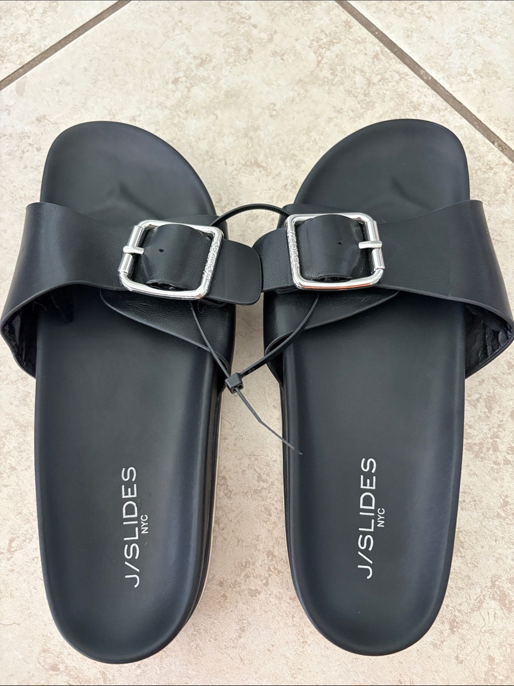 J/SLIDES Black Slide Sandals with Silver Buckles